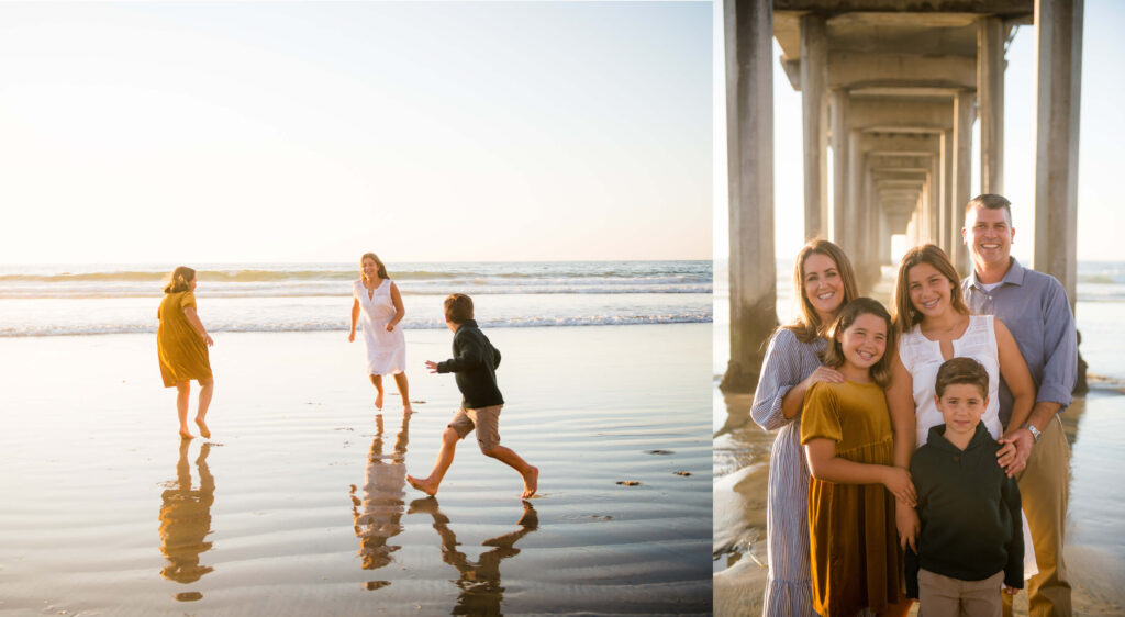 happy family at the beach having fun together at the pier in orange county by family photographer mattie taylor