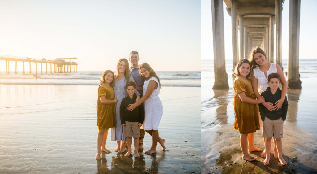 family hugging at the beach in orange county during family session by photographer mattie taylor