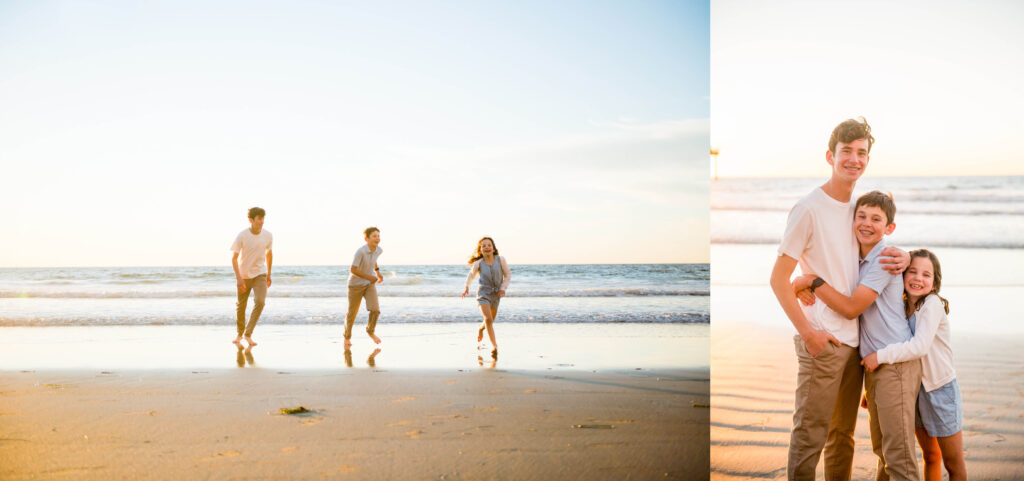 siblings having fun on the beach in orange county by family photographer mattie taylor