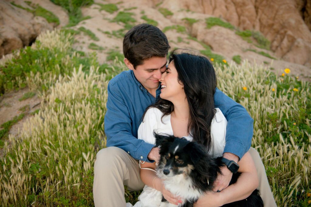happy couple snuggled up with their dog sitting among the wildflowers in san diego 